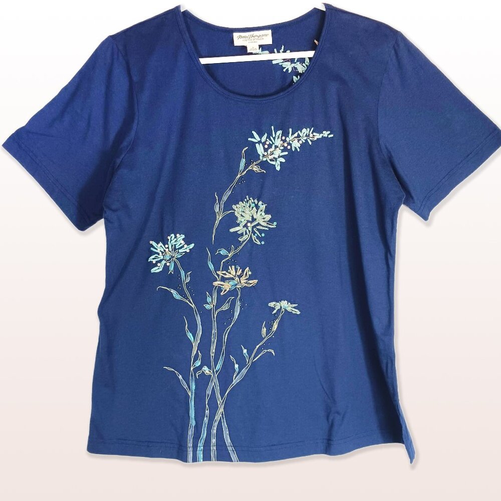 Vintage Norm Thompson Hand Painted & Embellished Navy Tunic Top Size L